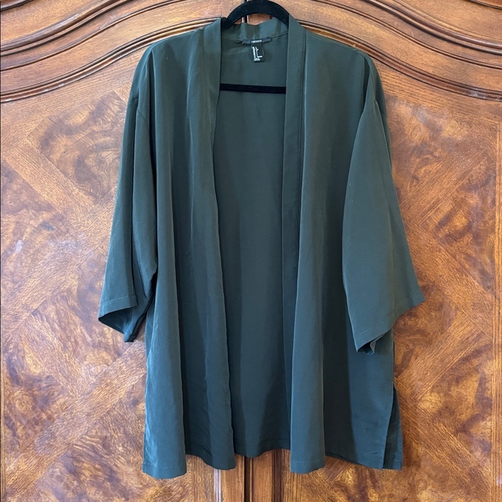 Forever 21 Olive Green Open Front Satin-Like Cardigan size L